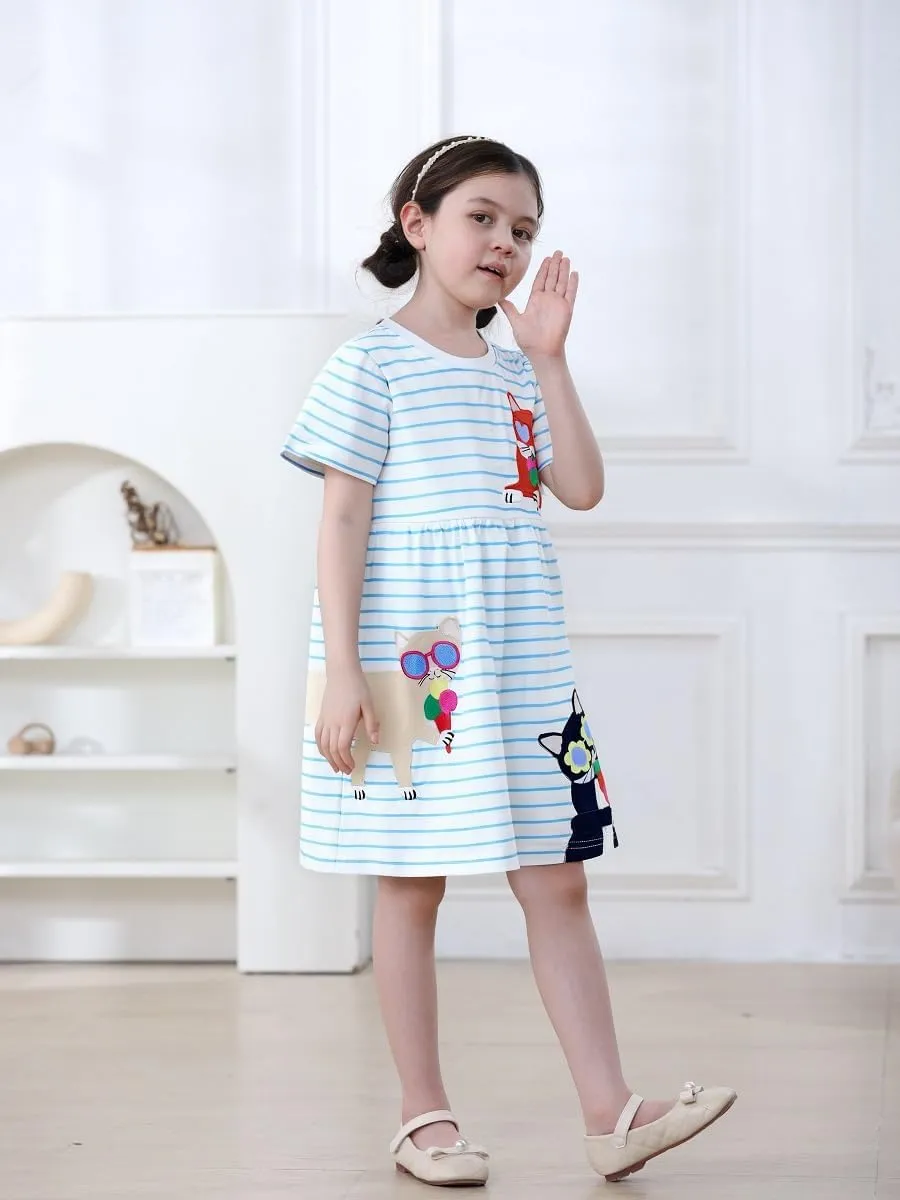 FreeLu Toddler Girls Cartoon Clothes Summer Casual Dress Embroidery Floral Dresses 2-8Y