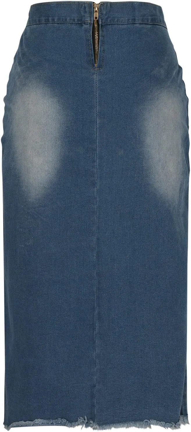 FZYLQY Trendy Slit Skirt Denim Skirts Women's Laceup Slit Front Bodycon Jean Skirts Stretchy Slim Fit Jean Long Pencil Skirt
