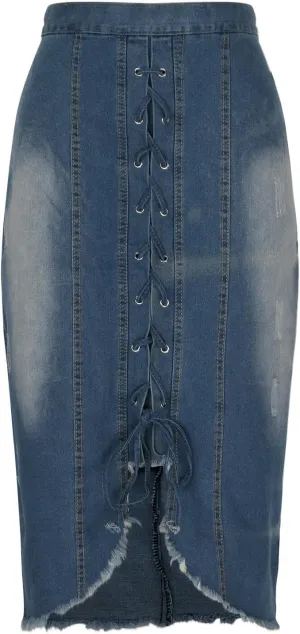 FZYLQY Trendy Slit Skirt Denim Skirts Women's Laceup Slit Front Bodycon Jean Skirts Stretchy Slim Fit Jean Long Pencil Skirt