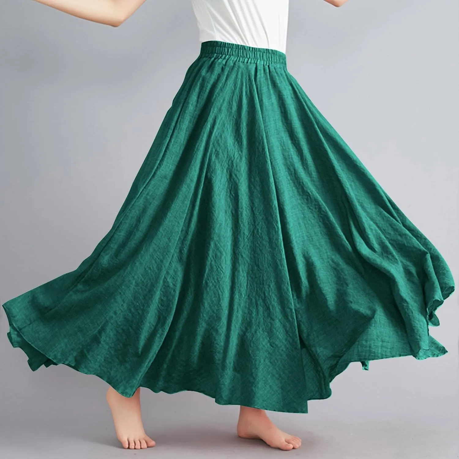 FZYLQY Womens Linen Maxi Skirts Summer Boho Solid Beach Elastic High Waist Pleated A-Line Flowy Swing Long Maxi Skirts