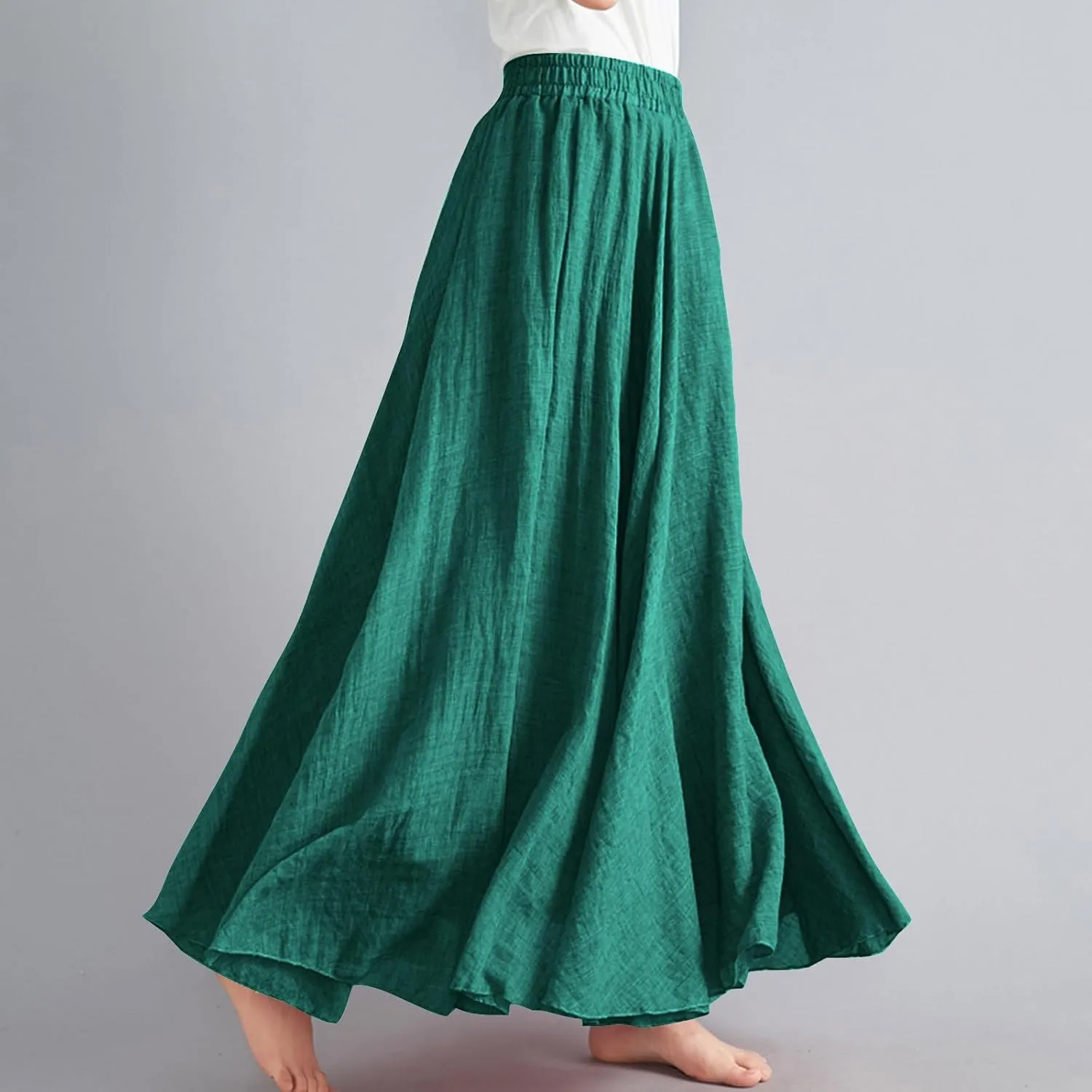 FZYLQY Womens Linen Maxi Skirts Summer Boho Solid Beach Elastic High Waist Pleated A-Line Flowy Swing Long Maxi Skirts