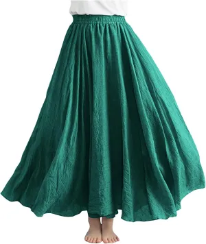 FZYLQY Womens Linen Maxi Skirts Summer Boho Solid Beach Elastic High Waist Pleated A-Line Flowy Swing Long Maxi Skirts