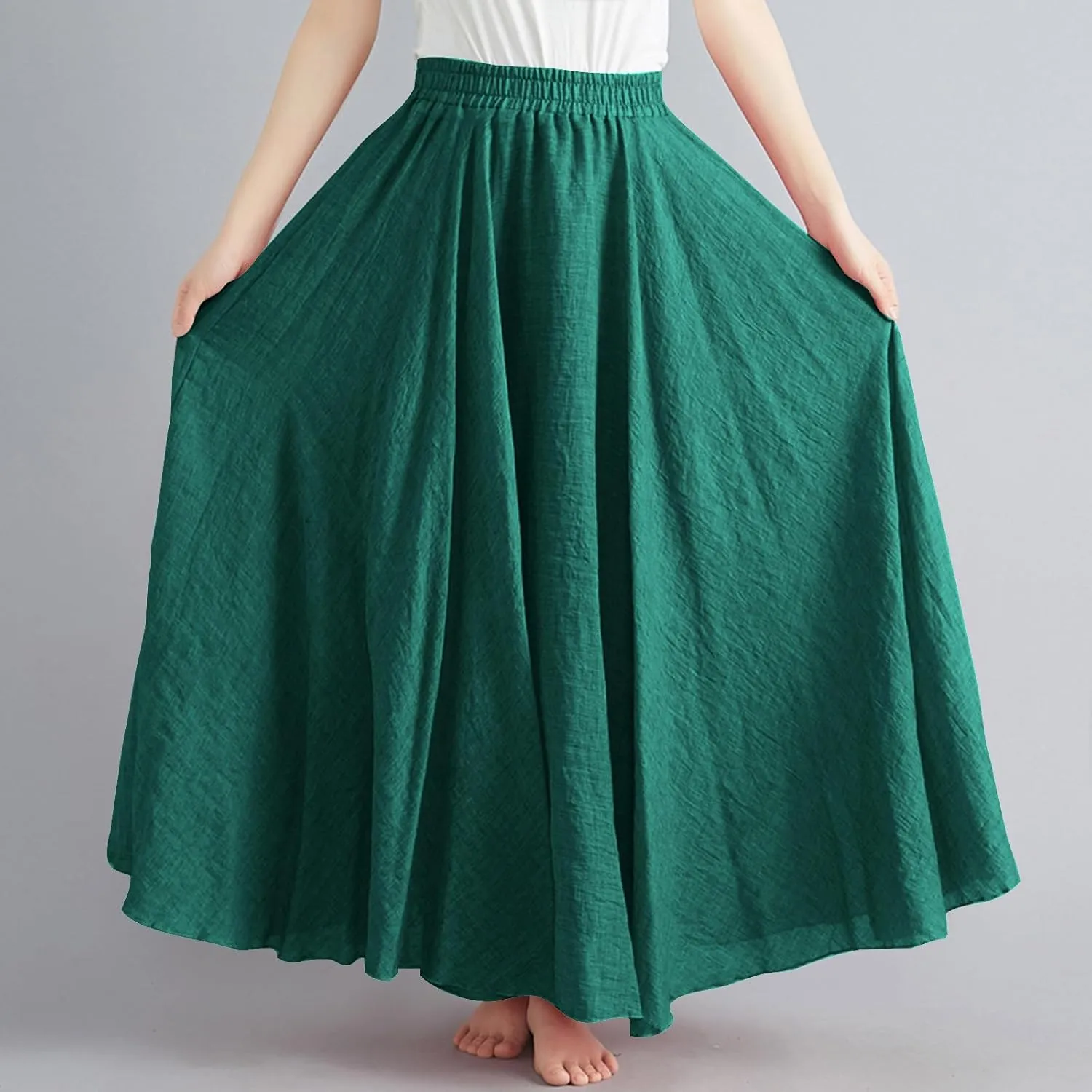 FZYLQY Womens Linen Maxi Skirts Summer Boho Solid Beach Elastic High Waist Pleated A-Line Flowy Swing Long Maxi Skirts