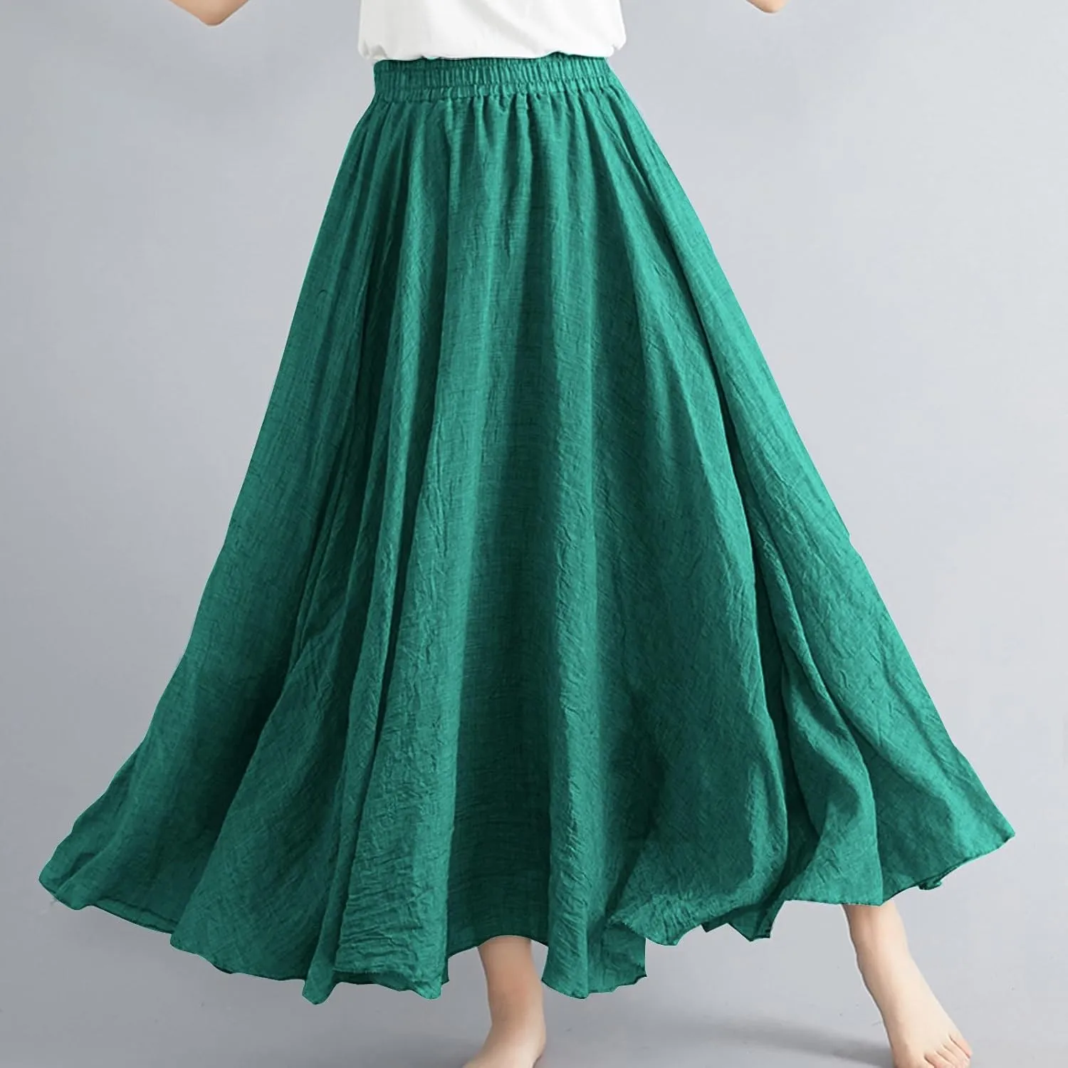 FZYLQY Womens Linen Maxi Skirts Summer Boho Solid Beach Elastic High Waist Pleated A-Line Flowy Swing Long Maxi Skirts
