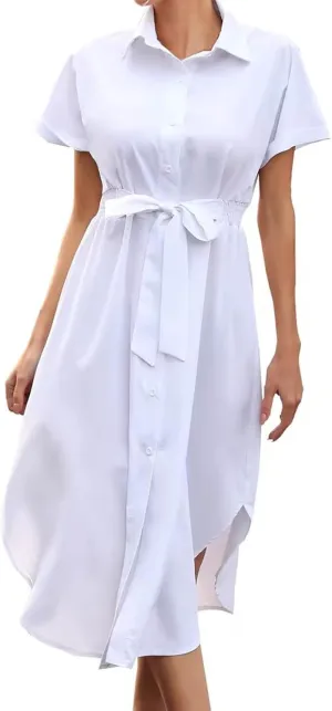 Generic Slimming Dresses for Curvy Women,2024 Summer Trendy Turndown Collar Short Sleeve Casual Dress,Simple Split Midi Dress