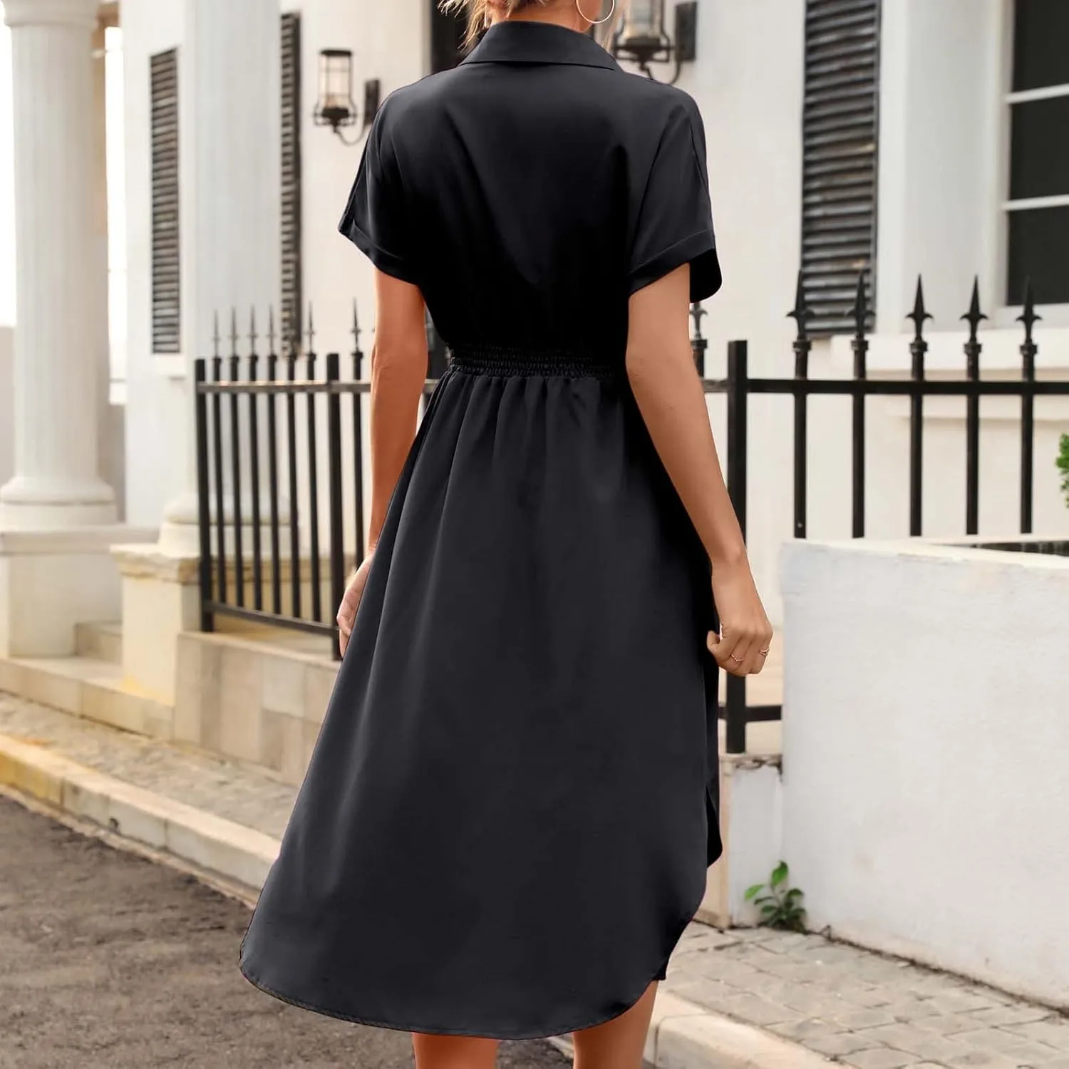 Generic Slimming Dresses for Curvy Women,2024 Summer Trendy Turndown Collar Short Sleeve Casual Dress,Simple Split Midi Dress