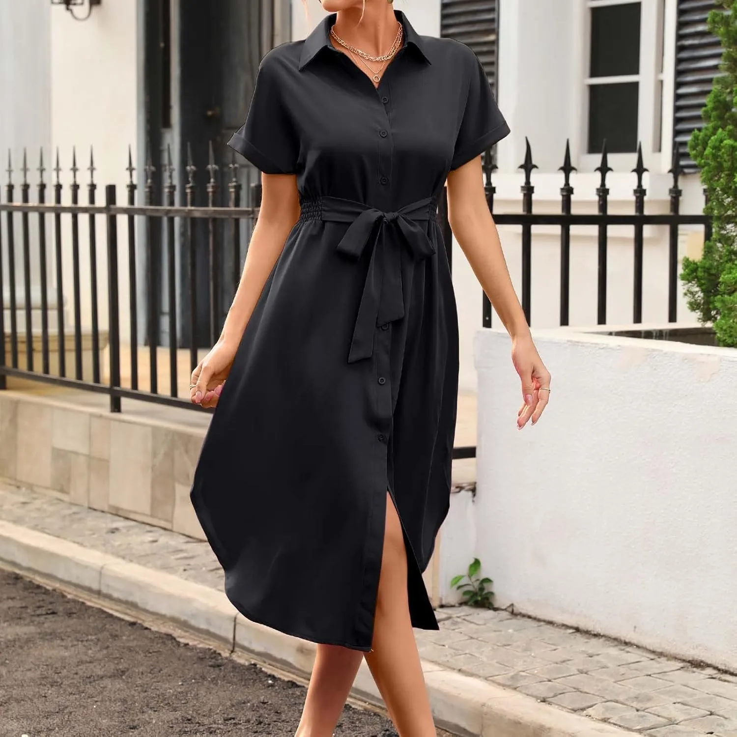 Generic Slimming Dresses for Curvy Women,2024 Summer Trendy Turndown Collar Short Sleeve Casual Dress,Simple Split Midi Dress