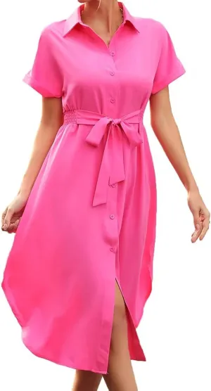 Generic Slimming Dresses for Curvy Women,2024 Summer Trendy Turndown Collar Short Sleeve Casual Dress,Simple Split Midi Dress