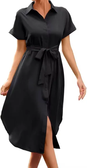 Generic Slimming Dresses for Curvy Women,2024 Summer Trendy Turndown Collar Short Sleeve Casual Dress,Simple Split Midi Dress