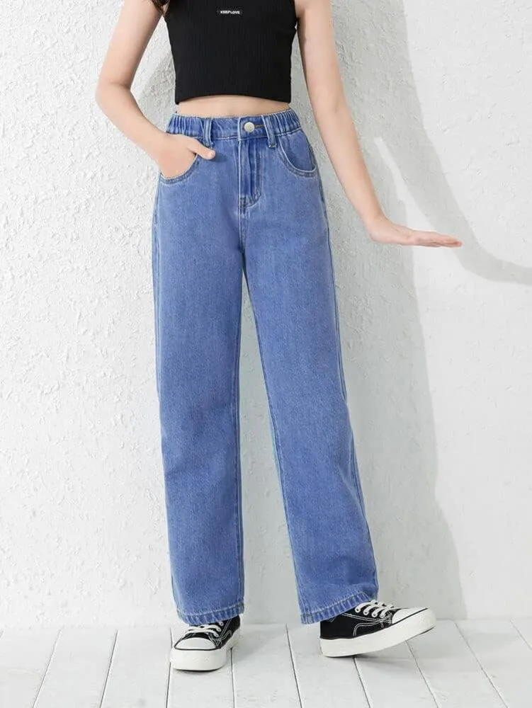 Girls Casual Denim Pants High Waisted Wide Leg Jeans with Pocket