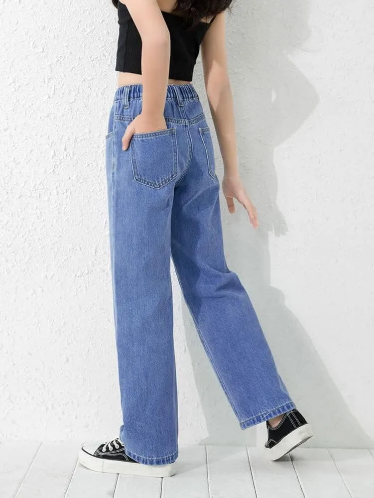 Girls Casual Denim Pants High Waisted Wide Leg Jeans with Pocket