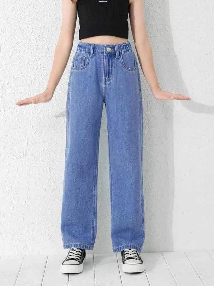 Girls Casual Denim Pants High Waisted Wide Leg Jeans with Pocket
