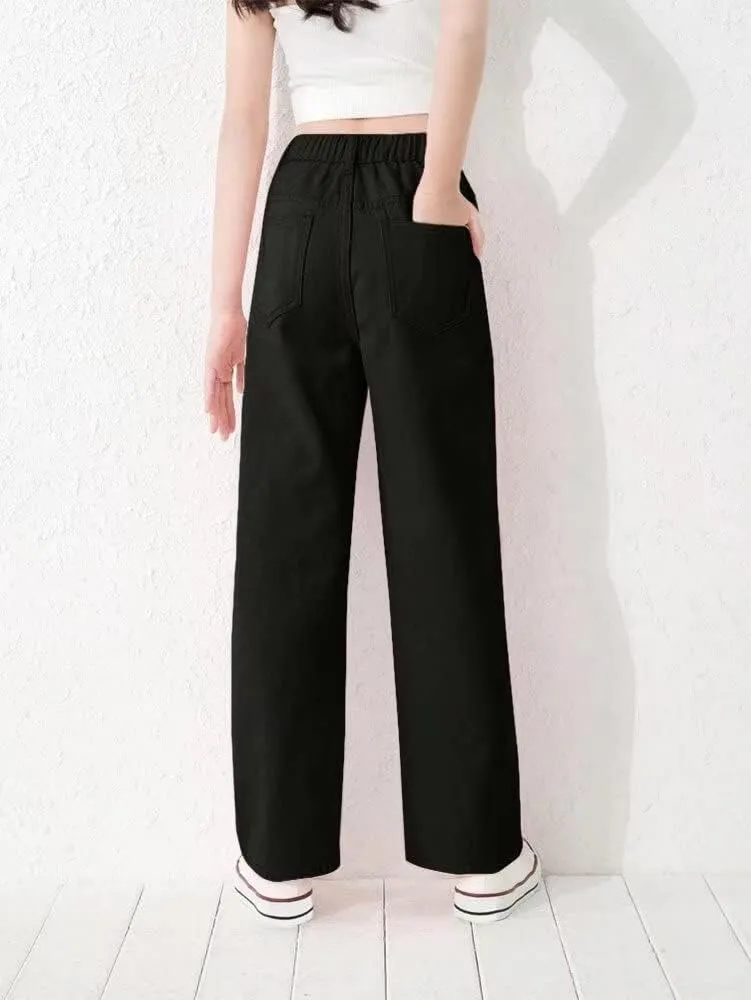Girls Casual Denim Pants High Waisted Wide Leg Jeans with Pocket