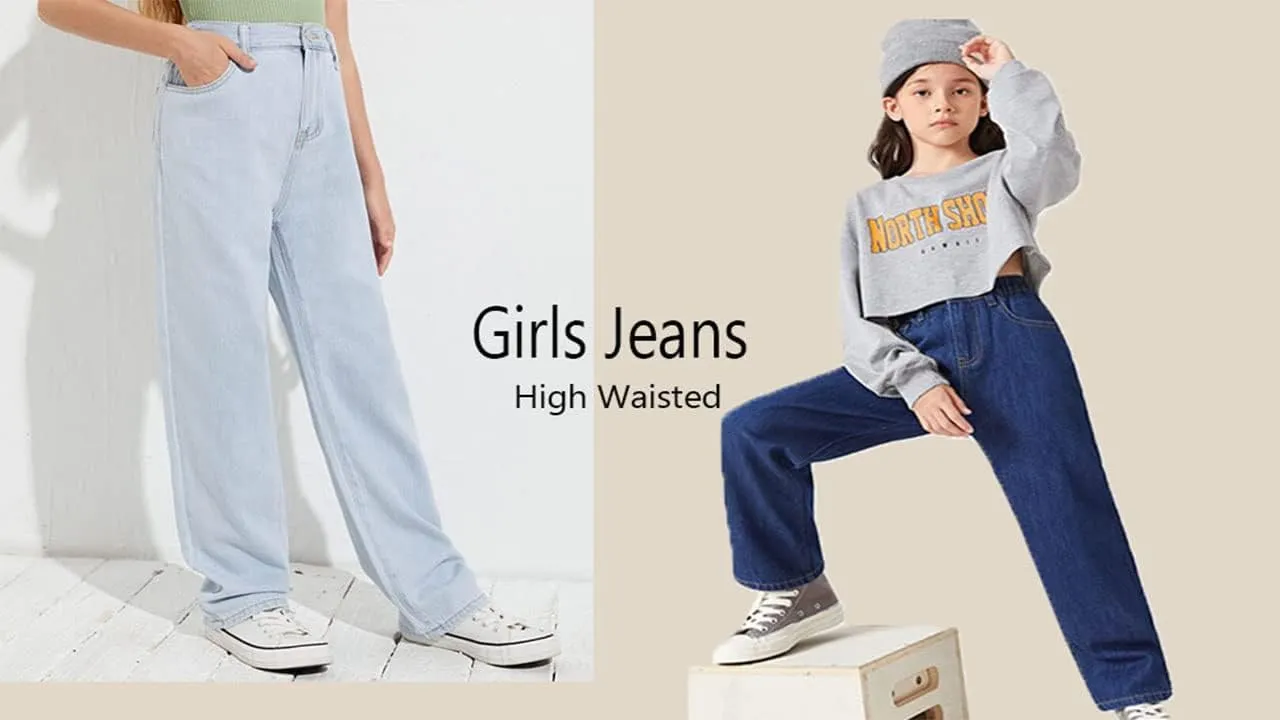 Girls Casual Denim Pants High Waisted Wide Leg Jeans with Pocket