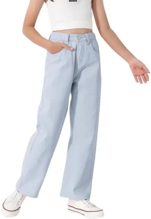 Girls Casual Denim Pants High Waisted Wide Leg Jeans with Pocket