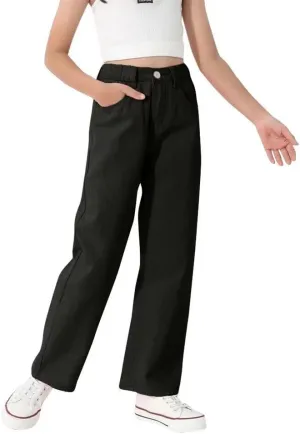 Girls Casual Denim Pants High Waisted Wide Leg Jeans with Pocket