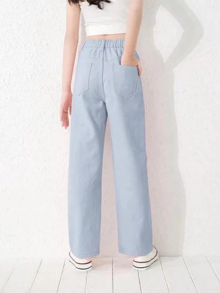 Girls Casual Denim Pants High Waisted Wide Leg Jeans with Pocket