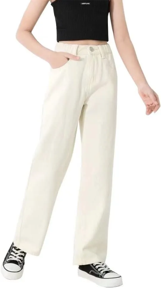 Girls Casual Denim Pants High Waisted Wide Leg Jeans with Pocket