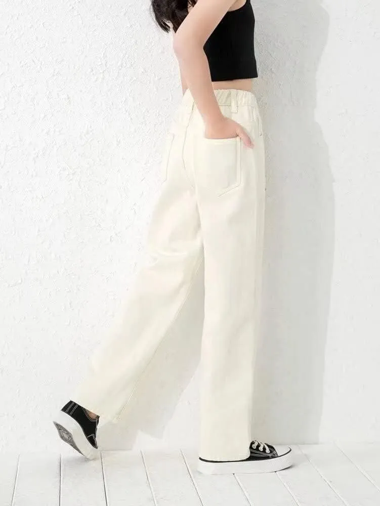 Girls Casual Denim Pants High Waisted Wide Leg Jeans with Pocket