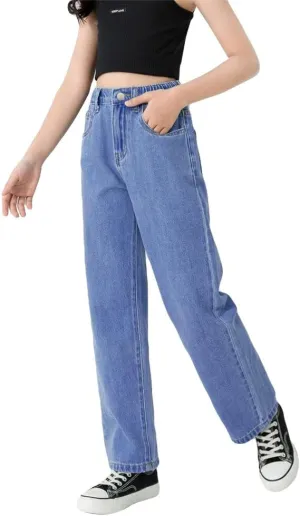 Girls Casual Denim Pants High Waisted Wide Leg Jeans with Pocket