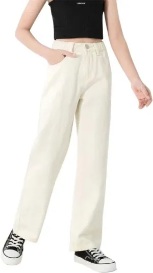 Girls Casual Denim Pants High Waisted Wide Leg Jeans with Pocket