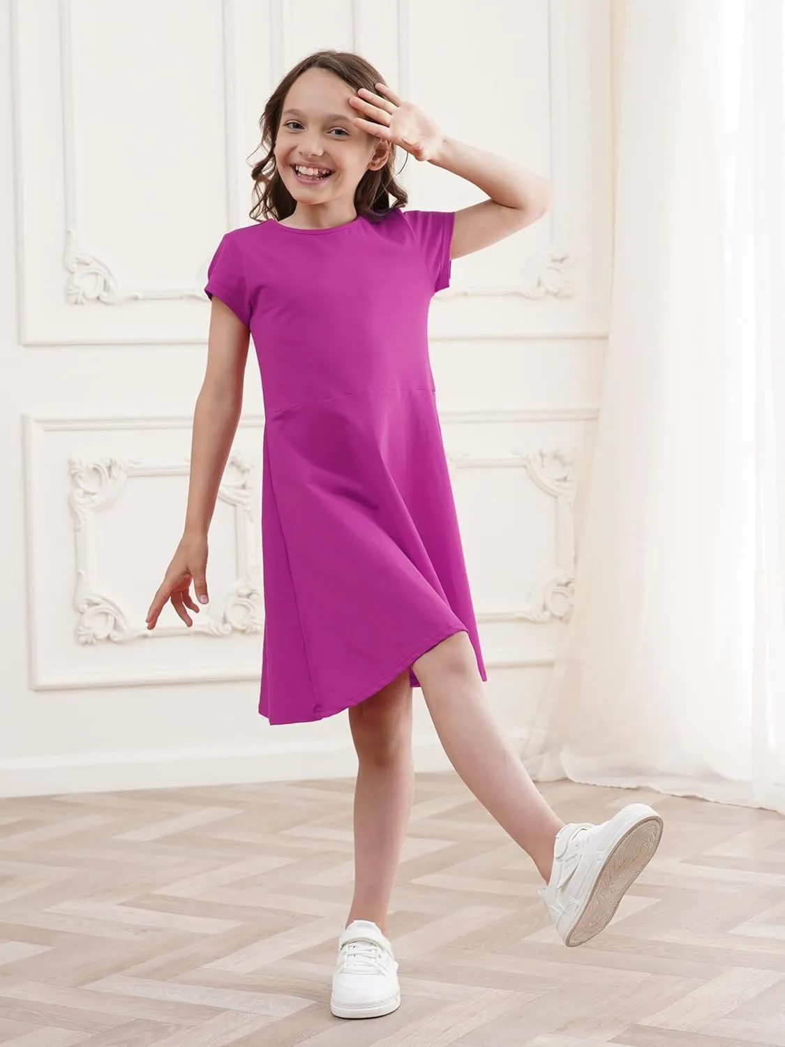 Girls Dress Summer Skater T-Shirt Dress Cotton Toddler Casual Short Sleeve Solid Color Dress for Kids 2-12 Years