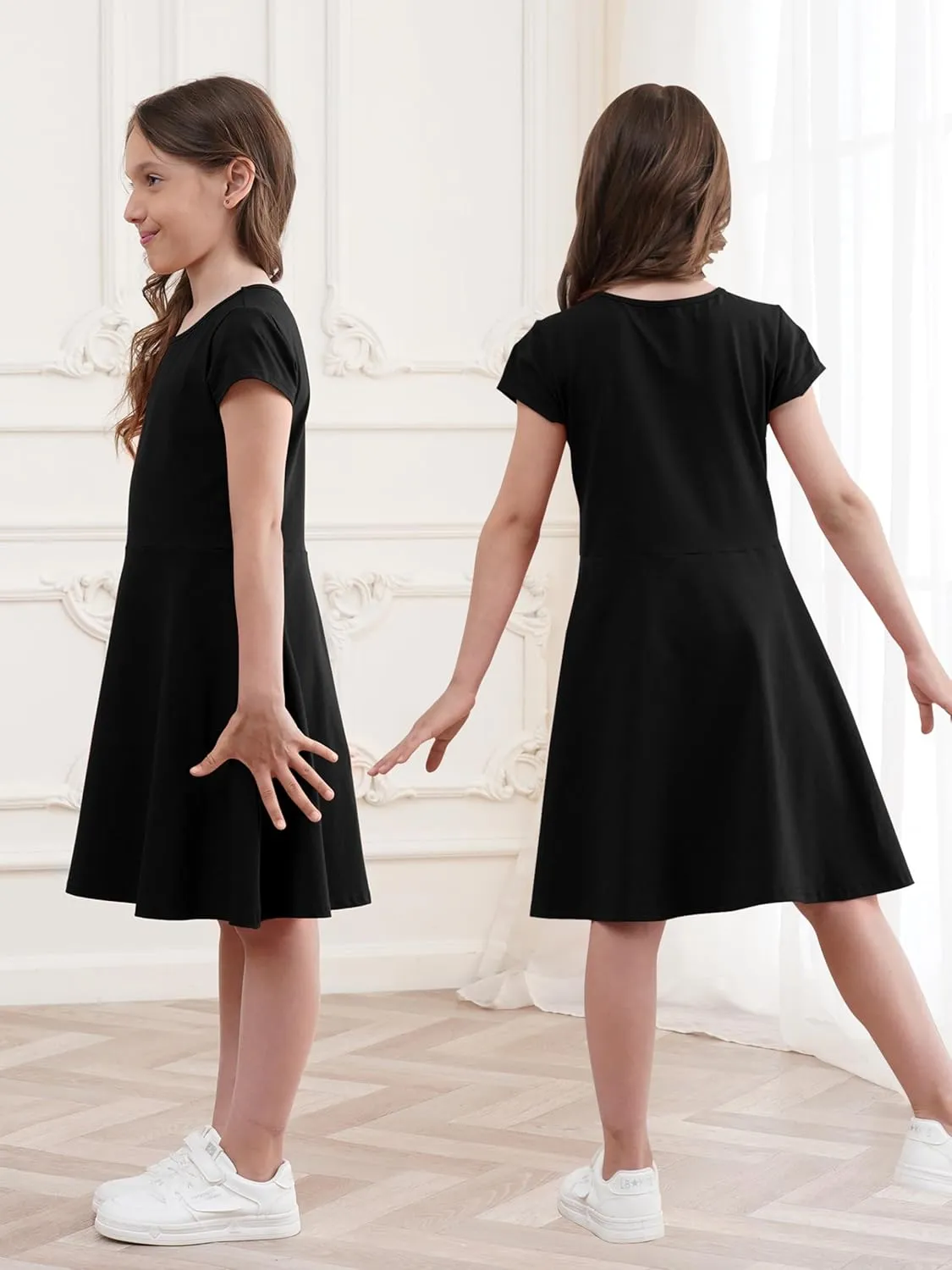 Girls Dress Summer Skater T-Shirt Dress Cotton Toddler Casual Short Sleeve Solid Color Dress for Kids 2-12 Years