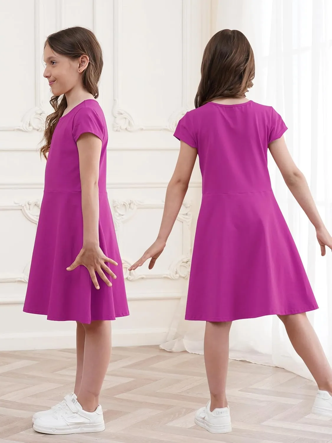 Girls Dress Summer Skater T-Shirt Dress Cotton Toddler Casual Short Sleeve Solid Color Dress for Kids 2-12 Years