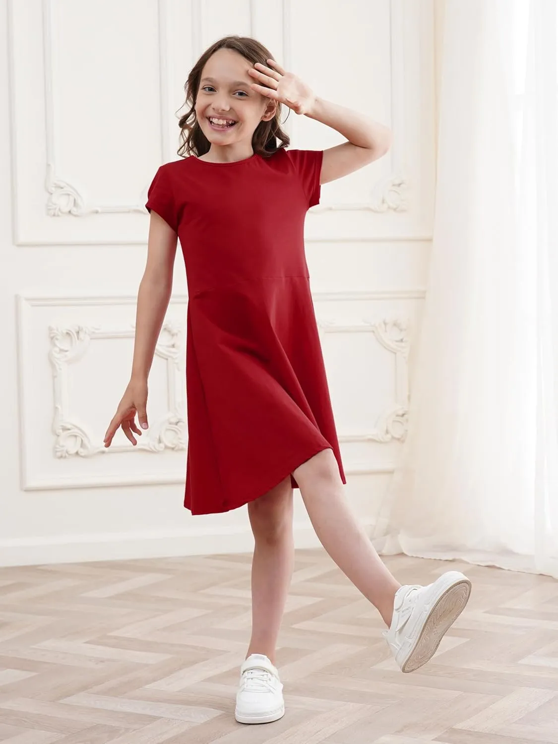 Girls Dress Summer Skater T-Shirt Dress Cotton Toddler Casual Short Sleeve Solid Color Dress for Kids 2-12 Years