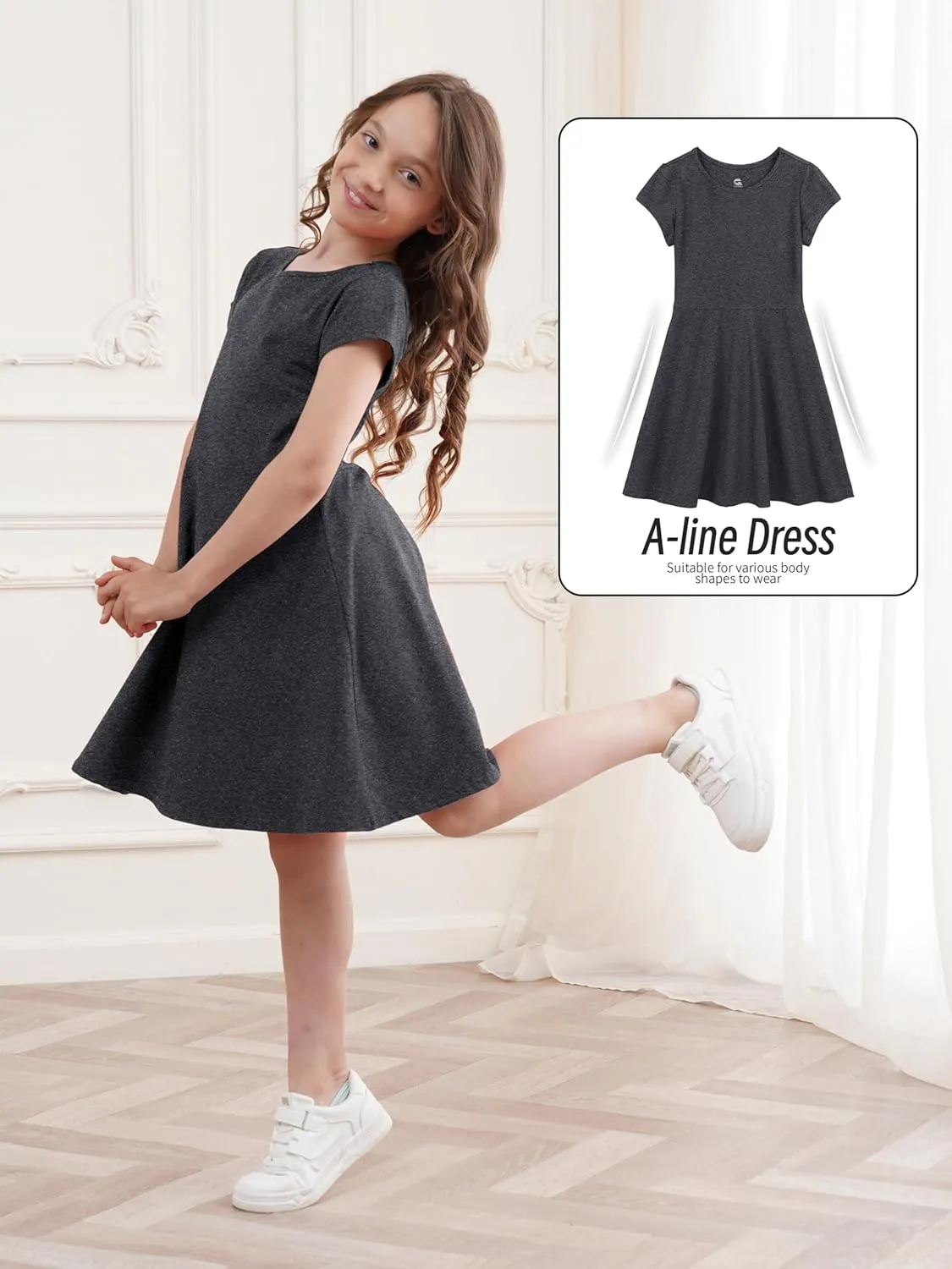 Girls Dress Summer Skater T-Shirt Dress Cotton Toddler Casual Short Sleeve Solid Color Dress for Kids 2-12 Years