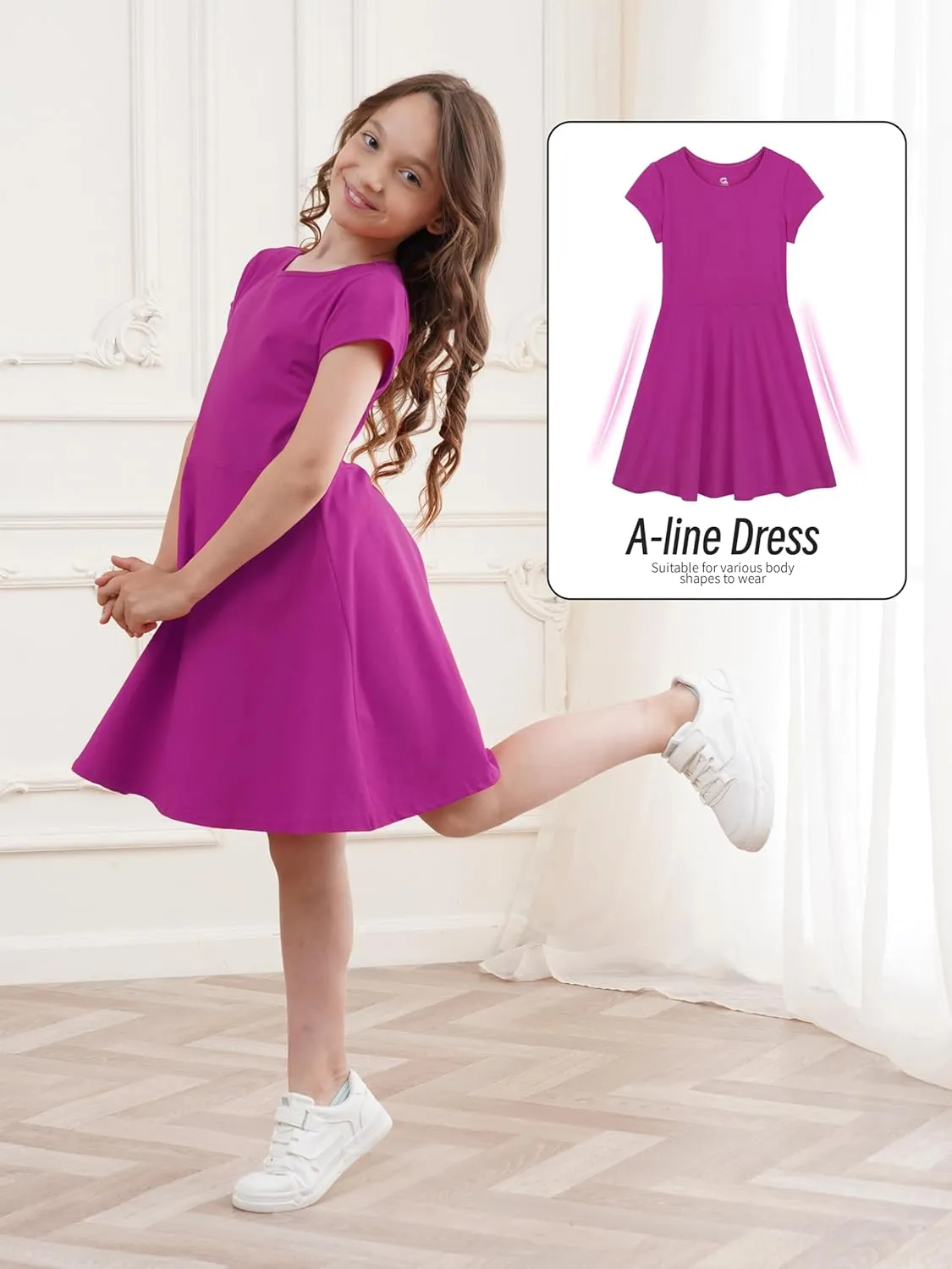 Girls Dress Summer Skater T-Shirt Dress Cotton Toddler Casual Short Sleeve Solid Color Dress for Kids 2-12 Years