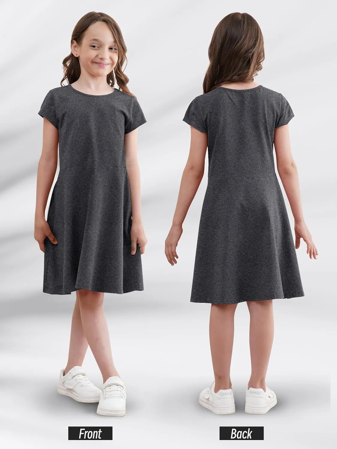 Girls Dress Summer Skater T-Shirt Dress Cotton Toddler Casual Short Sleeve Solid Color Dress for Kids 2-12 Years