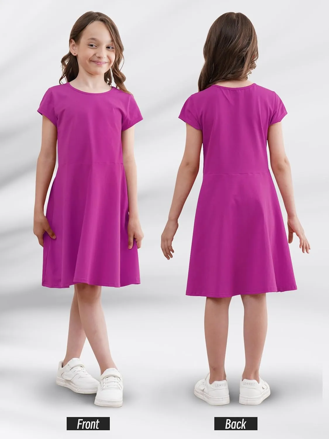 Girls Dress Summer Skater T-Shirt Dress Cotton Toddler Casual Short Sleeve Solid Color Dress for Kids 2-12 Years