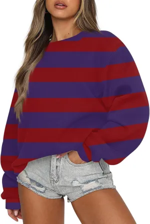 GOFULY Fall Crewneck Sweatshirts Women Oversized Striped Pullover Lightweight Crop Sweatshirts Winter Long Sleeve Tshirt