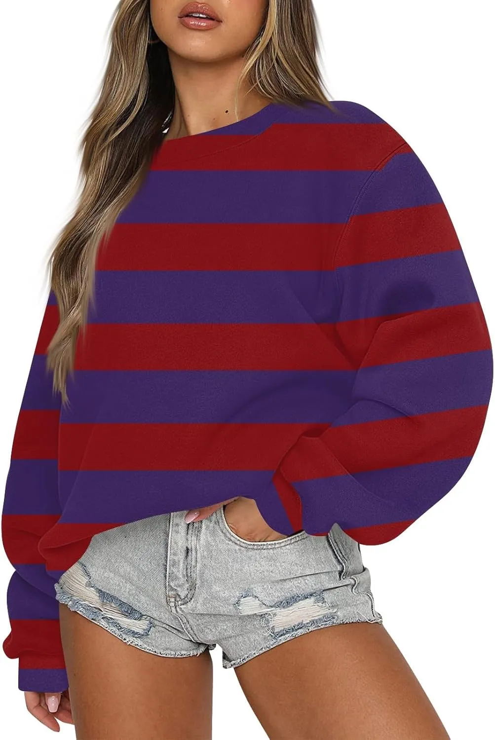 GOFULY Fall Crewneck Sweatshirts Women Oversized Striped Pullover Lightweight Crop Sweatshirts Winter Long Sleeve Tshirt