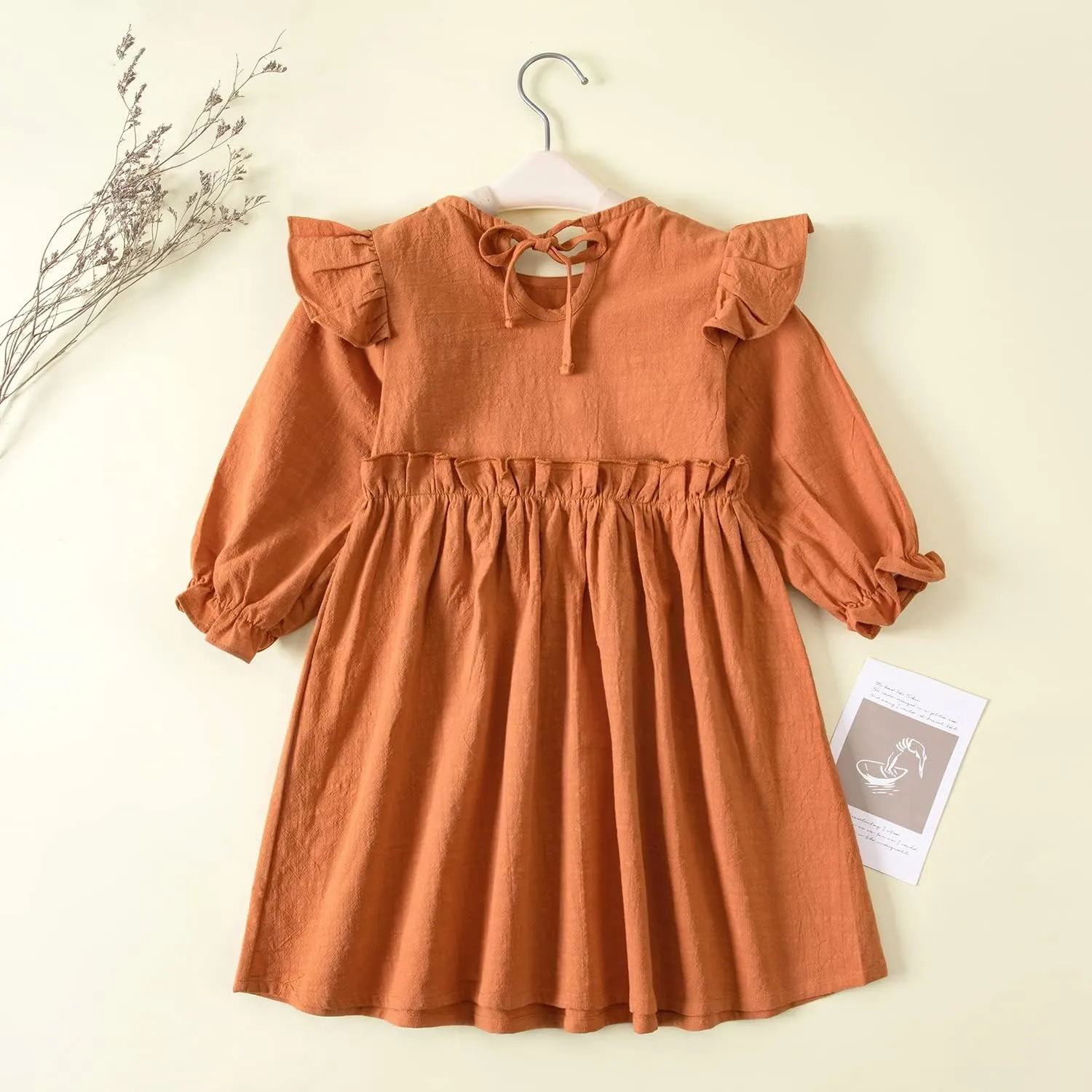 Goodplayer Toddler Girl Cotton Linen Dress Long Sleeve Ruffle Fall Dress Kids Solid Dresses Casual Clothes
