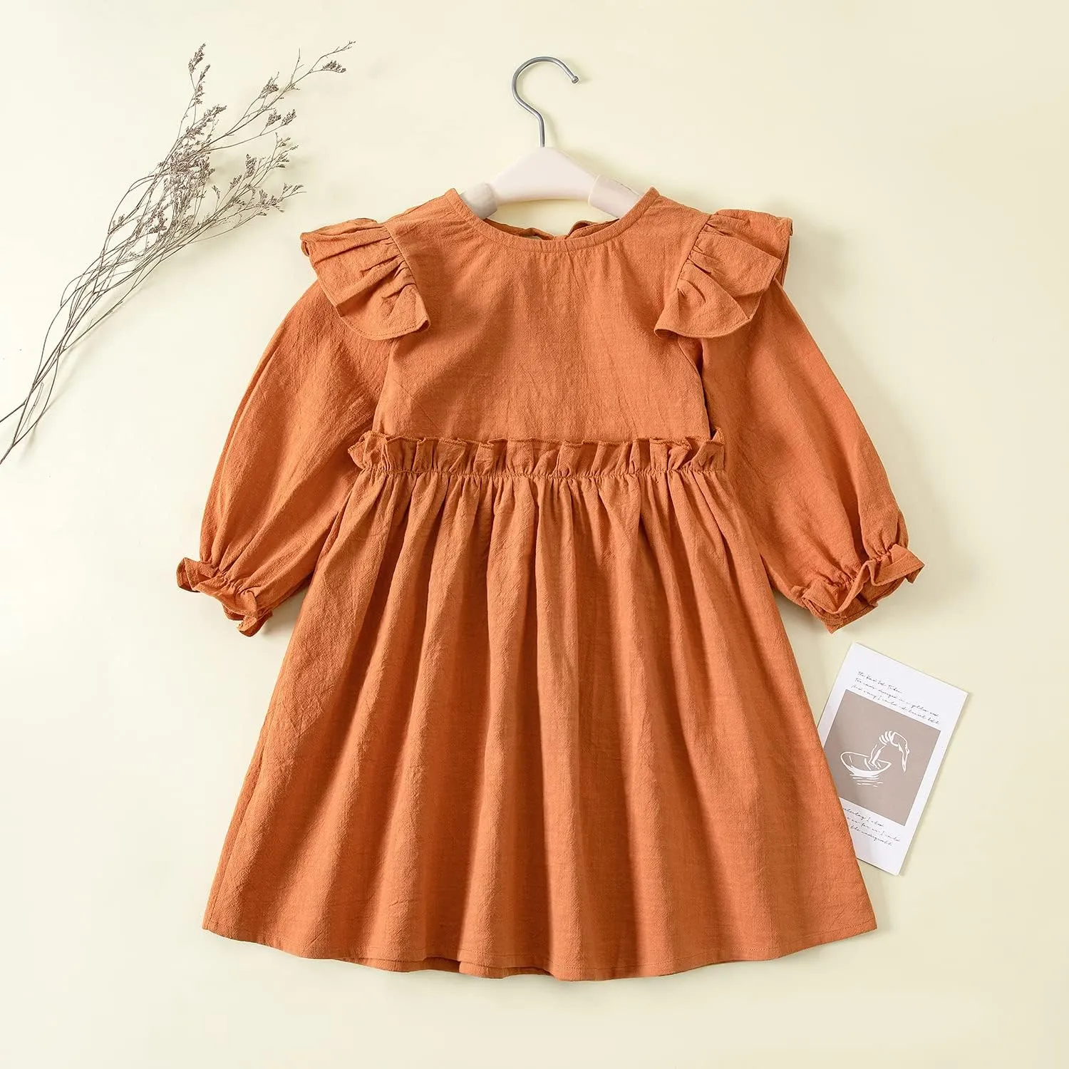 Goodplayer Toddler Girl Cotton Linen Dress Long Sleeve Ruffle Fall Dress Kids Solid Dresses Casual Clothes
