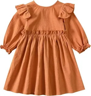 Goodplayer Toddler Girl Cotton Linen Dress Long Sleeve Ruffle Fall Dress Kids Solid Dresses Casual Clothes