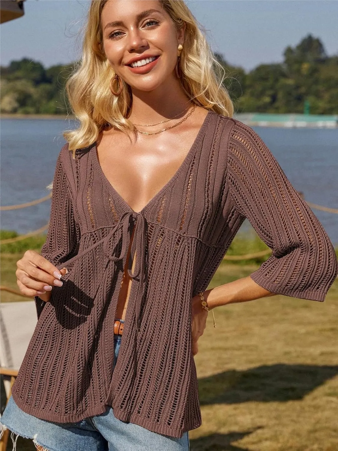 GRACE KARIN Womens Lightweight Crochet Cardigan Tie Front Cardigan 3/4 Sleeve Summer Sweater Kimono Beach Cover Up S-2XL