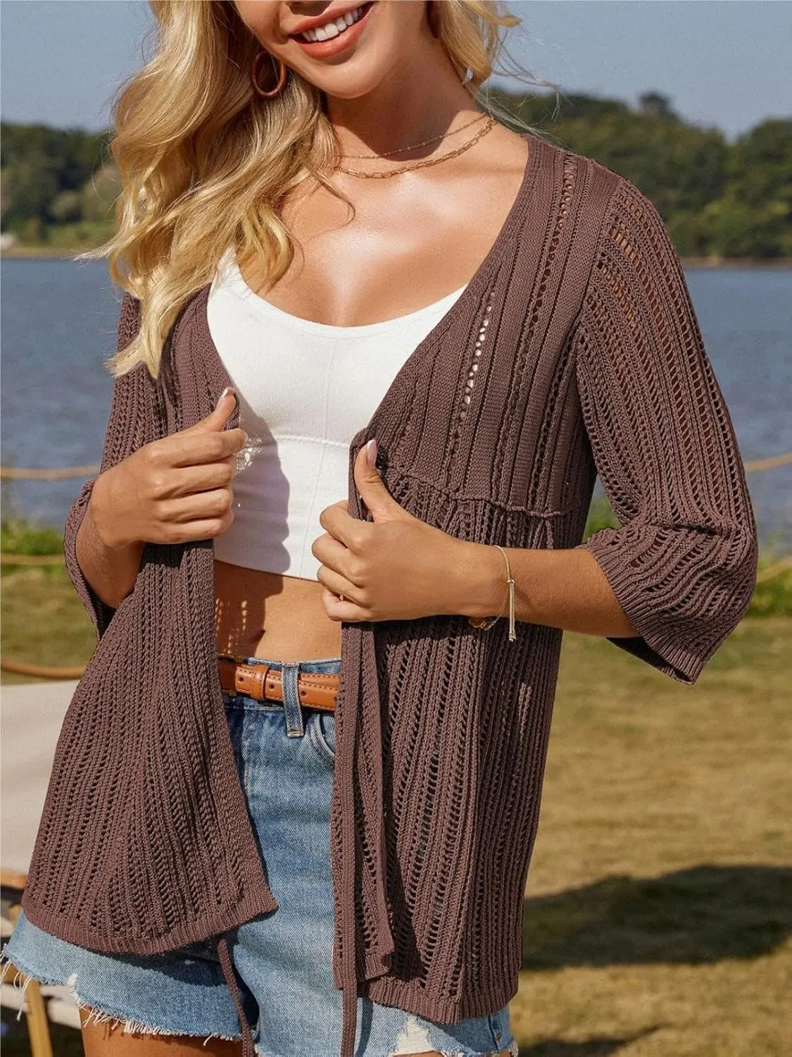 GRACE KARIN Womens Lightweight Crochet Cardigan Tie Front Cardigan 3/4 Sleeve Summer Sweater Kimono Beach Cover Up S-2XL