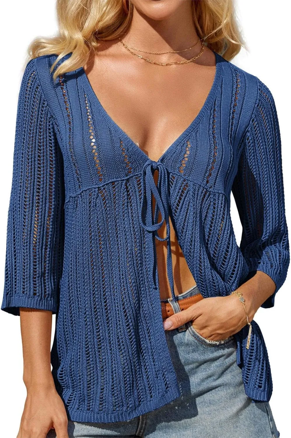 GRACE KARIN Womens Lightweight Crochet Cardigan Tie Front Cardigan 3/4 Sleeve Summer Sweater Kimono Beach Cover Up S-2XL