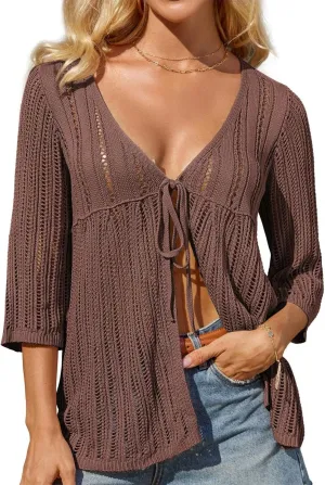 GRACE KARIN Womens Lightweight Crochet Cardigan Tie Front Cardigan 3/4 Sleeve Summer Sweater Kimono Beach Cover Up S-2XL