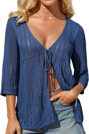 GRACE KARIN Womens Lightweight Crochet Cardigan Tie Front Cardigan 3/4 Sleeve Summer Sweater Kimono Beach Cover Up S-2XL