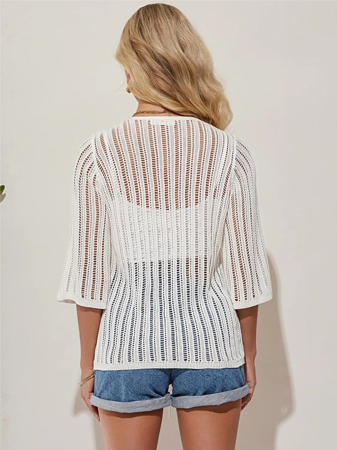 GRACE KARIN Womens Lightweight Crochet Cardigan Tie Front Cardigan 3/4 Sleeve Summer Sweater Kimono Beach Cover Up S-2XL