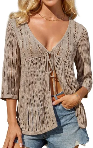 GRACE KARIN Womens Lightweight Crochet Cardigan Tie Front Cardigan 3/4 Sleeve Summer Sweater Kimono Beach Cover Up S-2XL