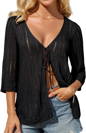 GRACE KARIN Womens Lightweight Crochet Cardigan Tie Front Cardigan 3/4 Sleeve Summer Sweater Kimono Beach Cover Up S-2XL