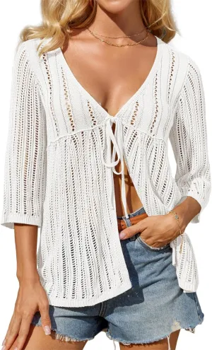GRACE KARIN Womens Lightweight Crochet Cardigan Tie Front Cardigan 3/4 Sleeve Summer Sweater Kimono Beach Cover Up S-2XL
