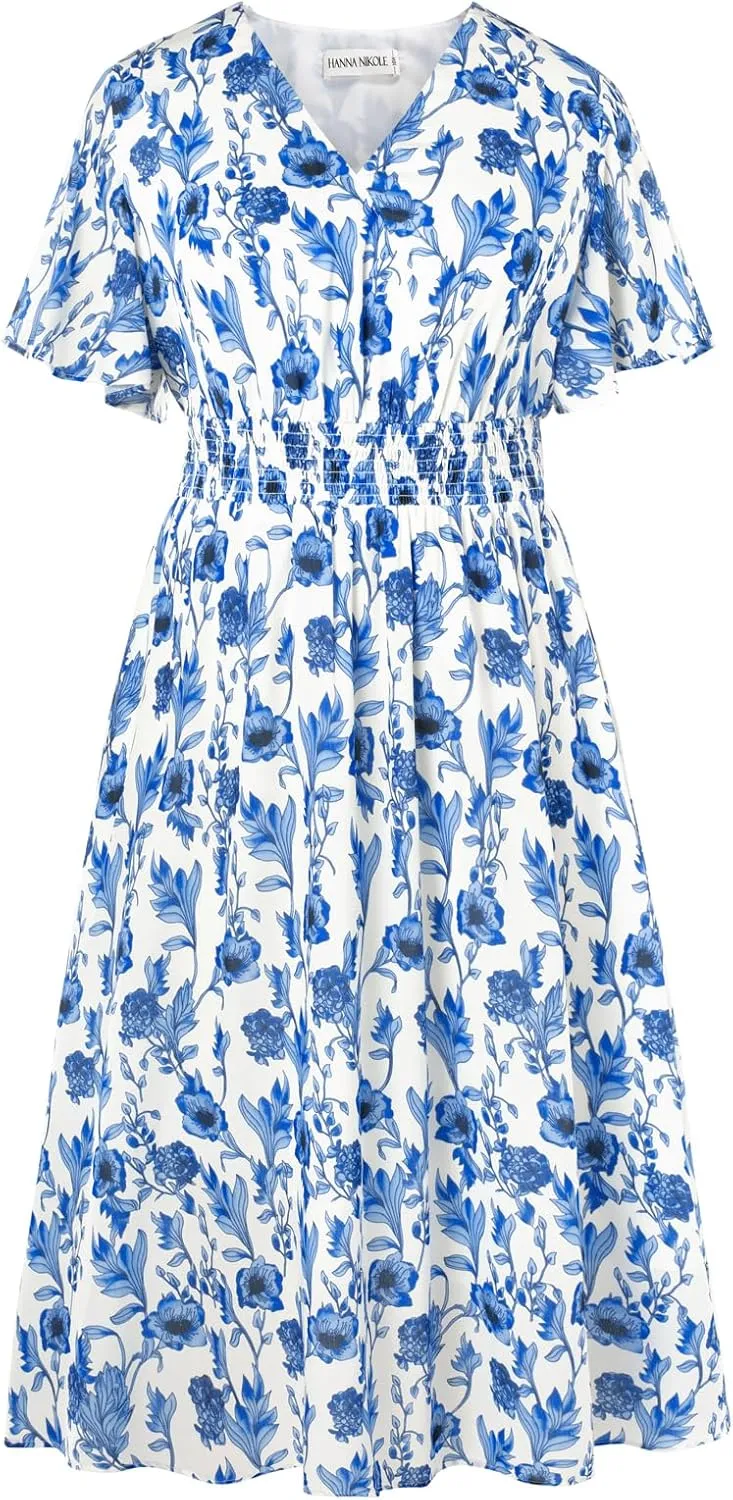 Hanna Nikole Women's Plus Size Summer Floral Dress Casual Short Sleeve Sundress Swing A Line Maxi Dresses with Pockets