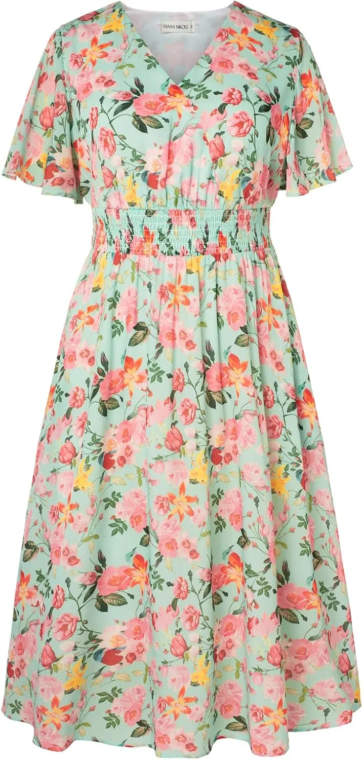 Hanna Nikole Women's Plus Size Summer Floral Dress Casual Short Sleeve Sundress Swing A Line Maxi Dresses with Pockets