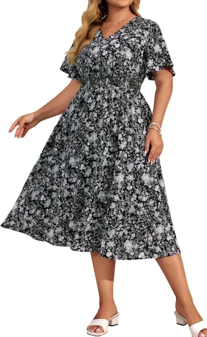 Hanna Nikole Women's Plus Size Summer Floral Dress Casual Short Sleeve Sundress Swing A Line Maxi Dresses with Pockets